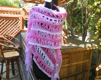 Pretty N Pink  Beautiful  Shawl Wrap Stole Ready to Ship Hand Crochet Extra Long