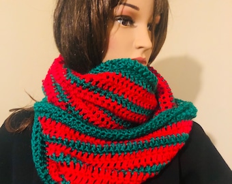 Christmas Cowl Neck Warmer Beautiful Christmas Red and Christmas Green Stripes  Hand Crochet