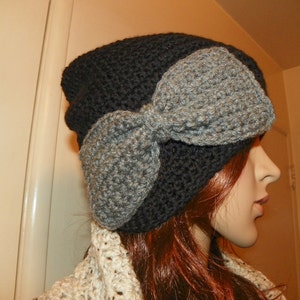 Black Slouchy Hat with a Gray Bow Hand Crochet Size Teen-Adult image 3