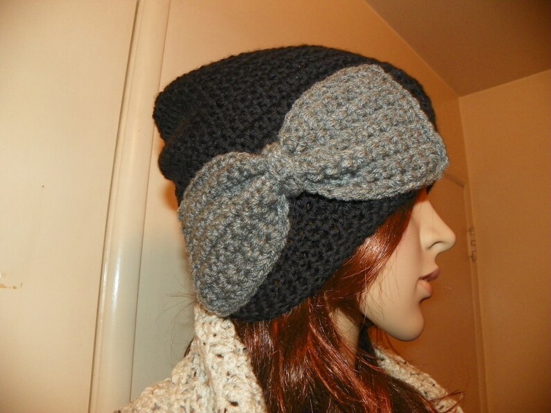 Black Slouchy Hat with a Gray Bow Hand Crochet Size Teen-Adult image 3