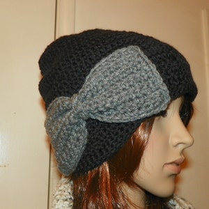 Black Slouchy Hat with a Gray Bow Hand Crochet Size Teen-Adult image 1