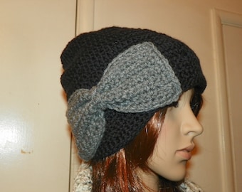 Black Slouchy Hat with a Gray Bow   Hand Crochet Size Teen-Adult