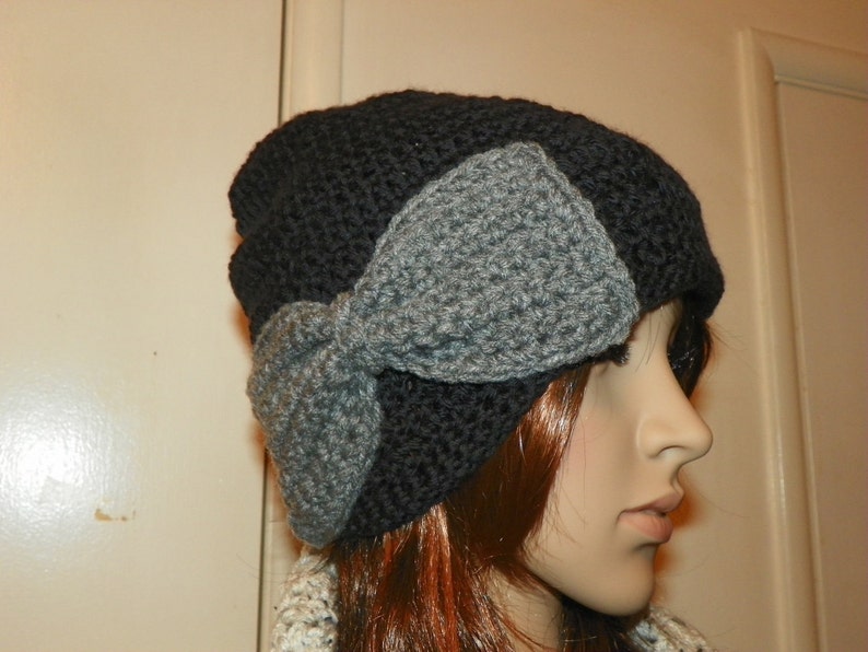 Black Slouchy Hat with a Gray Bow Hand Crochet Size Teen-Adult image 1