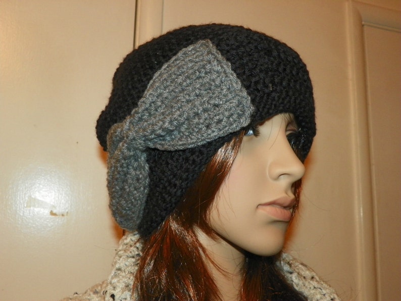 Black Slouchy Hat with a Gray Bow Hand Crochet Size Teen-Adult image 4