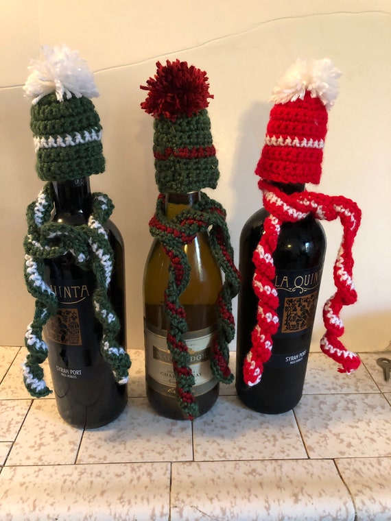 how to dress up a wine bottle for christmas Christmas Wine Bottle Dress up Cap and Scarf Sets