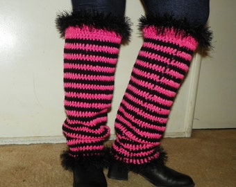 Hot Pink n Black Leg Warmers with Fur type Yarn Trim Hand Crochet Ready to Ship