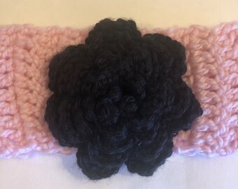 Girls Turban Earwamer Headband Pink with a Black Flower Hand Crochet Size 3-6 Years