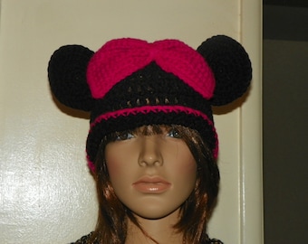 Minnie Mouse Hat Choose Color of Bow  and Trim Sizes Teem-Adult Large