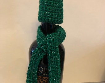 Christmas Hunter Green with Silver Glitter Wine Bottle Dress Up Cap and Scarf Set