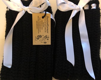 Black Over the Knee Leg Wamers with a Ivoy Ribbon you can Slouch them down to fit your Style Hand Crochet