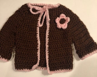 Baby Girls Brown with Pink Flower and Trim   Size 3-6M Hand Crochet Perfect for a Gift