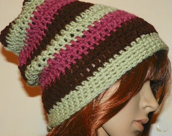 Slouch Hat Mauve Black and Sage Green Slouchy Beanie Hat Hand Crochet Ready To Ship