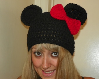 Minnie Mouse Hat with a Medium Bow  Choose your Color Sizes 2-Adult Large