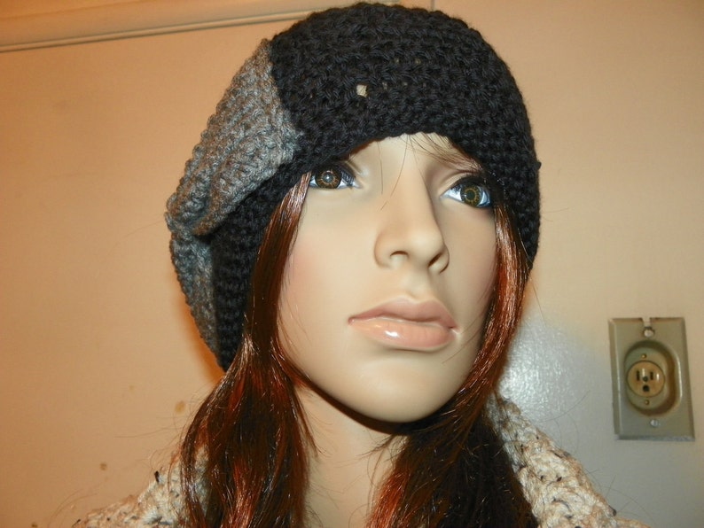 Black Slouchy Hat with a Gray Bow Hand Crochet Size Teen-Adult image 5