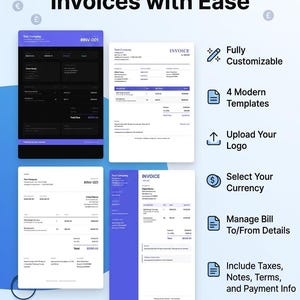 May include: A digital graphic promoting invoice creation software. The image features sample invoices, icons for customization, templates, logo upload, currency selection, and bill management. Text reads "Create Professional Invoices with Ease" and "Built with React + Vite and Node.js + Express."