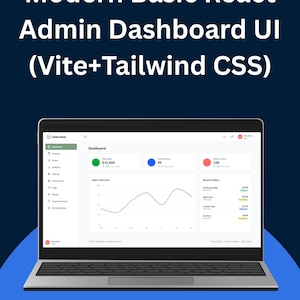 May include: A laptop displaying a modern React admin dashboard UI. The screen shows sales overview data, total products, and recent orders. The text on the screen includes "Charts + Analytics" and "Ready to Use."