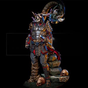 May include: A detailed figurine of a warrior wearing ornate metallic armor with a skull-like mask and horns. The figure stands on a rocky base with skulls, accompanied by a large, coiled dragon figure above, featuring intricate gold and red accents.