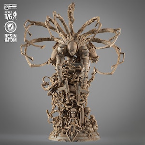Puede incluir: Estatua de resina beige de un personaje con un diseño complejo. La figura está posada sobre una base con calaveras, armas y detalles intrincados. La estatua tiene múltiples brazos y una cabeza detallada. El texto en la estatua dice "PRESUPPORTED TESTED SCALE 1/6 RESIN & FDM".