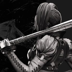 May include: Black and white image of a figure holding a baseball bat over their shoulder. The figure is wearing a detailed costume with a high collar and a textured sleeve. The bat is metallic with a textured grip.