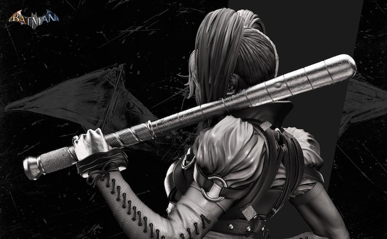 May include: Black and white image of a figure holding a baseball bat over their shoulder. The figure is wearing a detailed costume with a high collar and a textured sleeve. The bat is metallic with a textured grip.