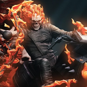 May include: A detailed figurine of Ghost Rider on a motorcycle, surrounded by orange flames. The figure has a skull head and wears a black leather jacket and trousers. The motorcycle is black with silver detailing.