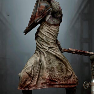 May include: A detailed figurine of a menacing figure, featuring a large, rusty, triangular helmet and a tattered, beige robe. The figure holds a bloodied blade. The overall color palette is muted, with shades of gray, brown, and red.