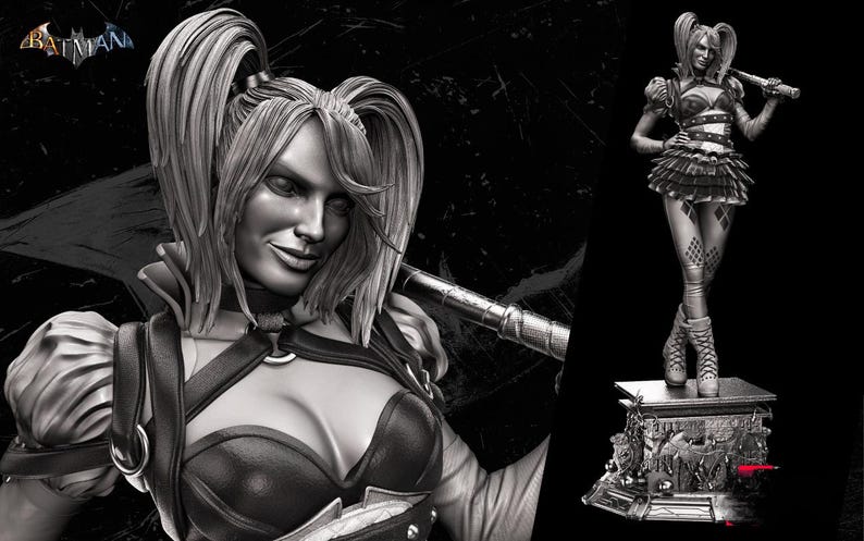 May include: Black and white statue of a female character from the Batman universe. The statue features a detailed bust and a full-body figure holding a bat. The character has a distinctive hairstyle and costume. The Batman logo is visible in the upper left corner.