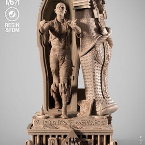 May include: A detailed resin statue of a mummy figure emerging from a sarcophagus. The figure is wrapped in bandages, with intricate details on the sarcophagus and base. The base features hieroglyphs and the text "THE MUMMY".