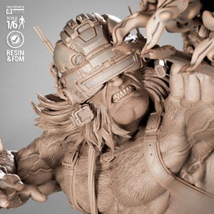 May include: A detailed, tan-colored resin figure of a muscular character with an angry expression. The figure wears a futuristic helmet and harness. The text "PRESUPPORTED TESTED SCALE 1/6 RESIN & FDM" is visible.