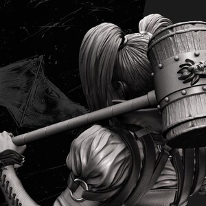May include: A grayscale image of a figure holding a large wooden mallet. The mallet has metal bands and a decorative emblem. The figure is wearing a detailed costume, and the image has a dark, dramatic background. The Batman logo is visible in the upper left corner.