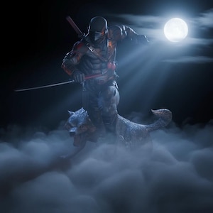 May include: A detailed action figure of a masked warrior riding a wolf through a misty, moonlit night. The warrior is clad in dark armor and holds a sword. The wolf is gray and appears to be running. The scene is set against a dark sky with a full moon.