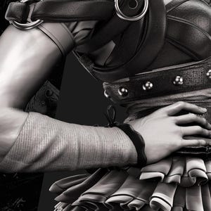 May include: Black and white image of a character from the Batman universe. The character is wearing a leather-like bodice with metal studs, a ruffled skirt, and arm wraps. The image is a close-up, focusing on the character's torso and arm.