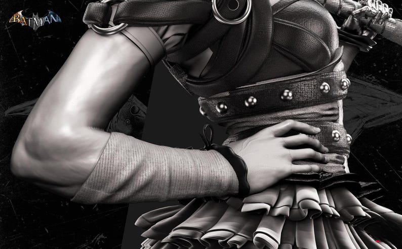 May include: Black and white image of a character from the Batman universe. The character is wearing a leather-like bodice with metal studs, a ruffled skirt, and arm wraps. The image is a close-up, focusing on the character's torso and arm.