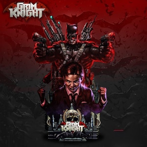 Puede incluir: Ilustración digital de un personaje similar a Batman empuñando armas, con un niño en traje debajo. El título "Grim Knight" se muestra en una fuente estilizada, sobre un fondo rojo oscuro con siluetas de murciélagos.