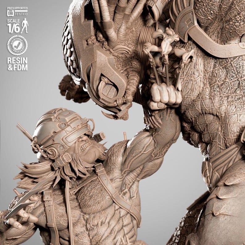 May include: A detailed, tan-colored resin sculpture depicting a battle scene between two figures. One figure is wearing a helmet and armor, while the other is a large, imposing creature. The sculpture is labeled as 1/6 scale.