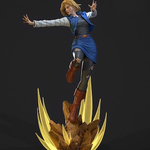 May include: A collectible figurine of a blonde character in a dynamic pose, wearing a blue denim vest over a black shirt, a blue skirt, black leggings with distressed details, and brown boots, standing on a base of brown rocks with yellow energy effects.
