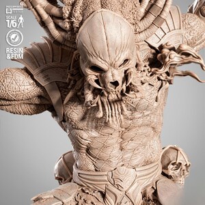 May include: A detailed, tan-colored Predator bust statue. The sculpture features intricate detailing of the alien's face, armor, and body. The text "PRESUPPORTED TESTED SCALE 1/6 RESIN & FDM" is visible on the left side.