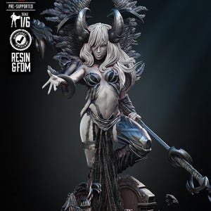 May include: A detailed resin figurine of a female fantasy character with large feathered wings, horns, and intricate armor. The figure is posed dynamically, holding a staff, with a dark, gothic aesthetic. The base includes a tombstone.