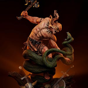 May include: A detailed figurine depicting a muscular humanoid figure with horns and claw-like teeth, wielding an axe against a large green snake. The figure is tan with red scratch marks. The base includes a skull, shield, and helmet.