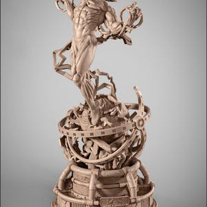 Puede incluir: Estatua beige detallada de una figura musculosa en una pose dinámica, con los brazos levantados y sosteniendo estructuras intrincadas en forma de jaula. La estatua está montada sobre una base compleja con el texto "THE CAPTAIN ATOM".