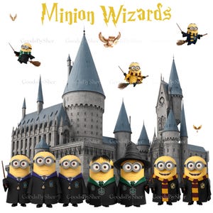 Puede incluir: Ilustración caprichosa de Minions vestidos como magos, con un castillo al estilo Hogwarts de fondo. El texto "Minion Wizards" está en fuente dorada. Varios Minions vuelan en escobas, y otros están de pie con túnicas de mago.