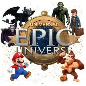 Op de afbeelding: Een afbeelding met personages uit Universal's Epic Universe, waaronder Tandloos, Dracula, Frankenstein's monster, Newt Scamander, Mario en Donkey Kong. Het centrale element is een goudkleurig embleem met de woorden "UNIVERSAL EPIC UNIVERSE".