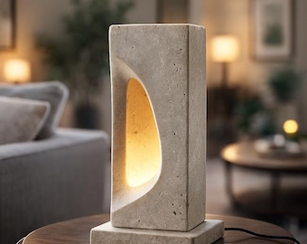 Handmade Travertine Stone Table Lamp, Modern Beige Sculptural Light, 13-Inch Natural Rock Decor