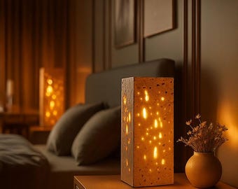 Handmade Travertine Stone Lamp – Modern Rectangular Perforated Table Light