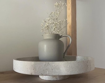 Handmade Travertine Pedestal Bowl: Rustic Stone Centerpiece