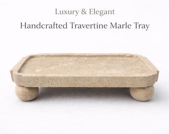 Luxury Handcrafted Travertine Marble Tray with Ball Feet | Elegant Stone Decorative Tray | Bathroom Vanity Organizer | Coffee Table Decor