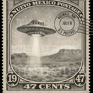 May include: A vintage postage stamp featuring a UFO over a desert landscape. The stamp reads "Nuevo Mexico Postage" and "Roswell, NM, July 8, U.S. Postage." The stamp is valued at 47 cents.