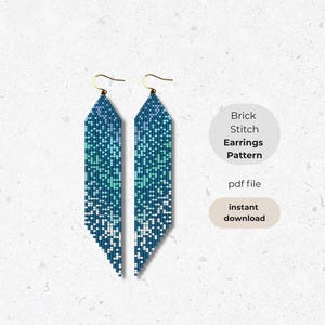 May include: Two beaded earrings with a brick stitch pattern in shades of blue and white. The earrings have a rectangular shape with a gradient effect, transitioning from dark blue to white. The text on the right says "Brick Stitch Earrings Pattern pdf file instant download."