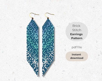 Blue Brick Stitch Earring Pattern, Ombre Seed Bead Pattern, Boho Fringe Earring, Digital Download, Brickstitch Beadwork, DIY Beading Pattern