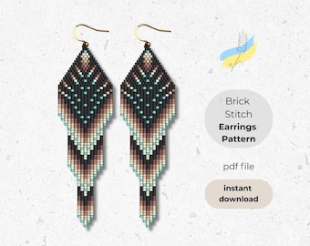 May include: A pair of beaded earrings with a geometric design. The earrings feature a diamond shape at the top, transitioning into three cascading layers. The color palette includes black, teal, brown, and cream, with gold-colored ear wires. The image also includes text that says "Brick Stitch Earrings Pattern".